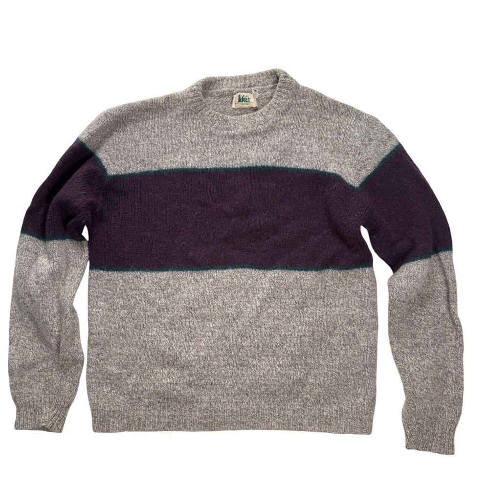 Vintage REI Wool Sweater Mens XL Made in USA Grey Purple Stripe‎ Crew Neck Knit
